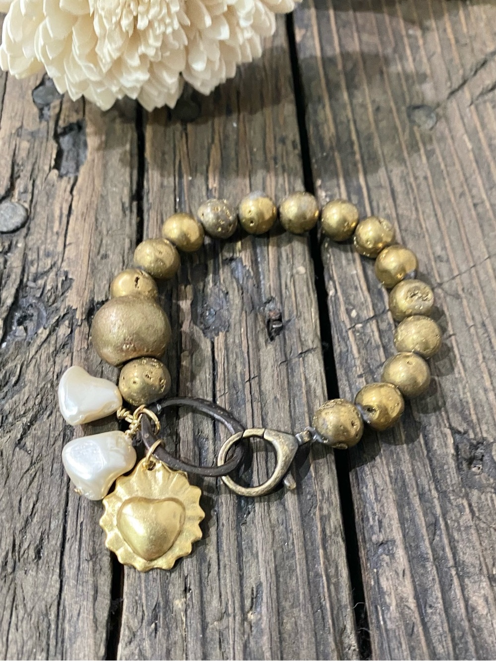 Druzy Agate & Baroque Pearl Antique Brass Bracelet with Flaming Heart Charm